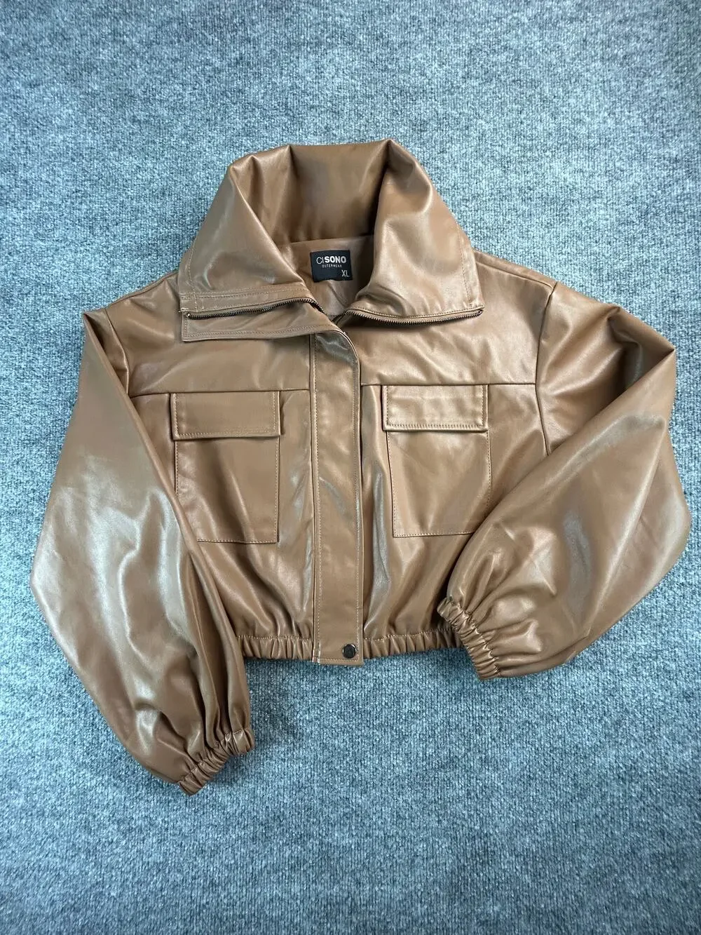 Cisono Women's XL Brown Faux Leather Cropped Jacket Balloon Sleeve Vegan Leather - Picture 1 of 9